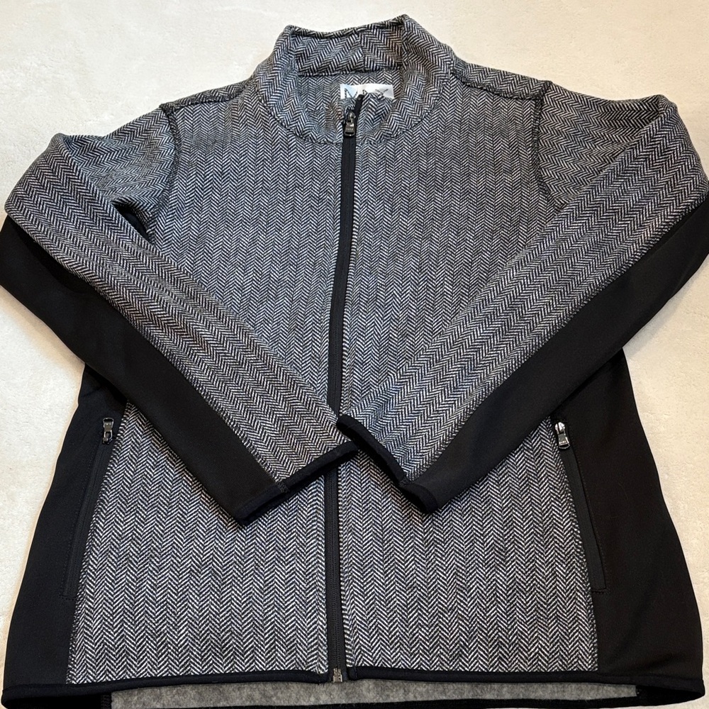Andrew Marc Black Herringbone Poly/Spandex Cardigan Sweater Jacket Size L